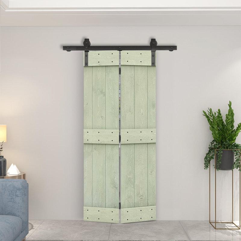 84'' Solid Wood Double Pane Painted without Installation Hardware Kit Bi-Fold Door, Sage Green, 24" x 84"