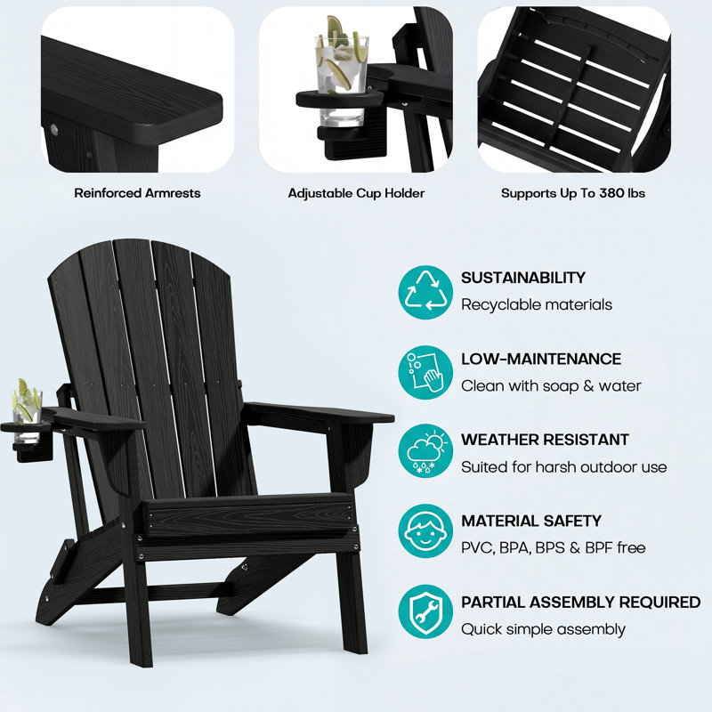 Folding Adirondack Chair, Wood Texture, Cup Holder, All-Weather HDPE for Poolside/Lawn, Black, Black