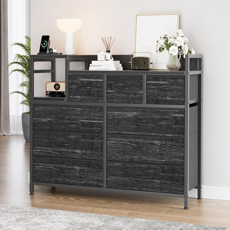 Modern 9-Drawer TV Stand with Charging Station & Power Outlets, Media Console Storage Dresser, Open Shelf Entertainment Center for Living Room, Bedroom