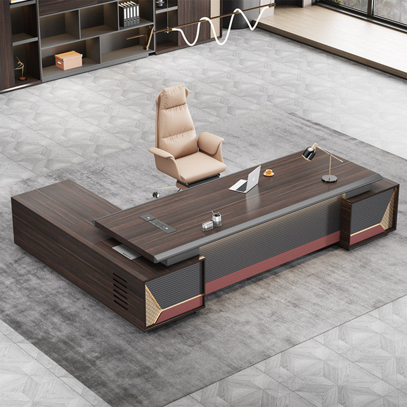 Bureau de direction en L 110,24 "de qualité supérieure brun rougeâtre, H 29,53 po x l 110,24 po x P 70,87 po