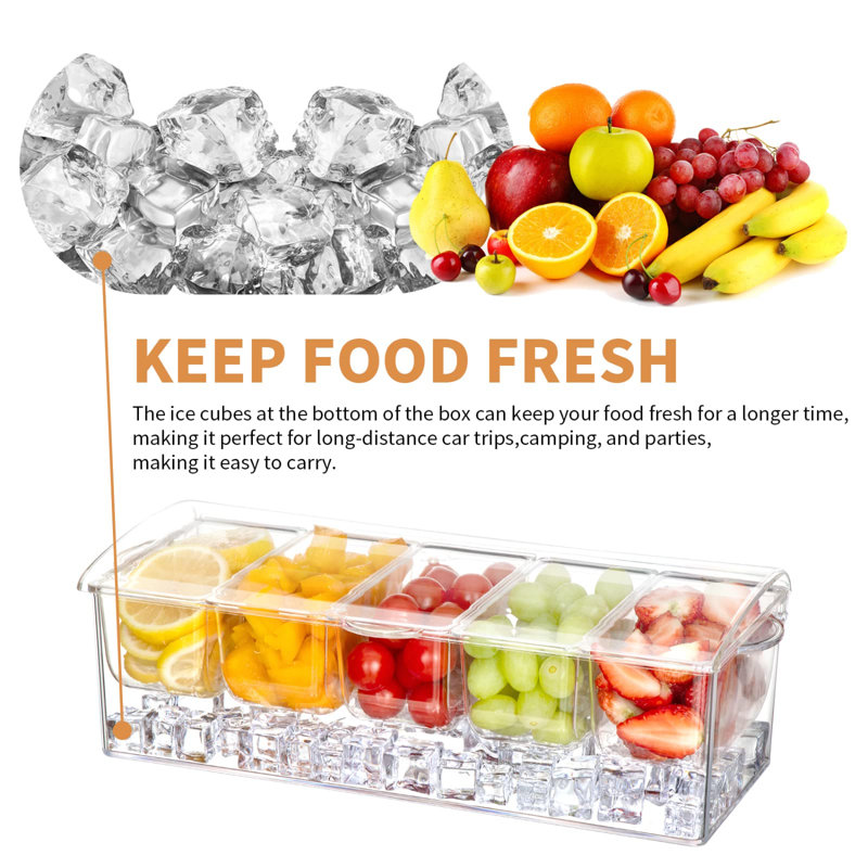 Chilled Condiment Server Clear ICY Condiment Tray Ice Party Serving Bar With Lid Garnish Holder On Ice 5 Removable Compartments