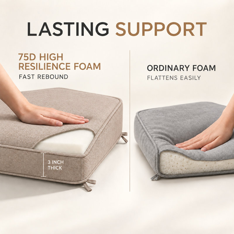 Coussin de banquette sur mesure de 7,6 cm de haut avec double passepoil et 2 attaches pour banquette de salle à manger ou coin repas.