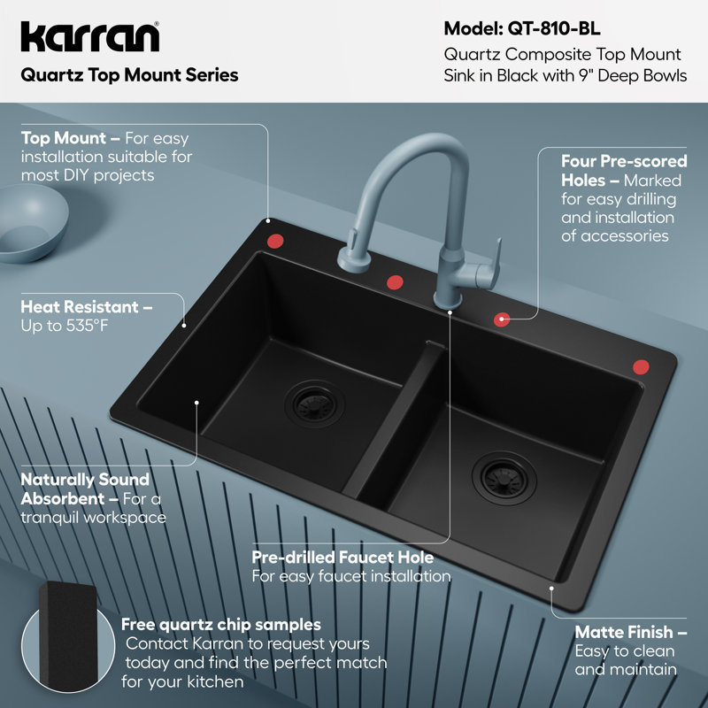Karran Quartz 33'' X 22'' 50/50 Double Bowl Composite Drop-in Kitchen Sink, Black