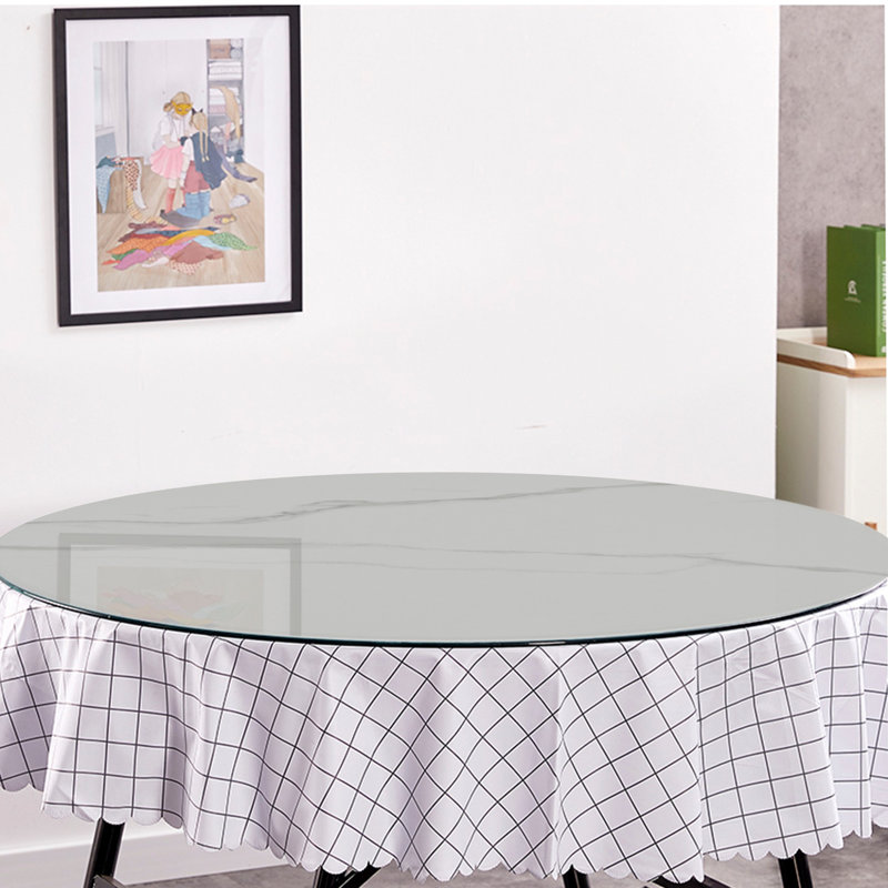 Plateau de table rond en verre trempé de 28 po avec motif de marbre gris imprimé, rebord rond épais poli de 0,315 po (8 mm)