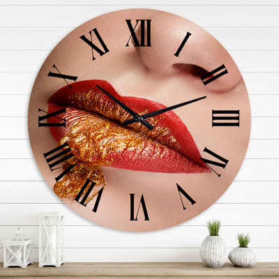 Close Up Lips With Red and Gold Make Up - Modern wall clock