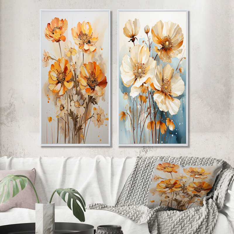 «Buttercups Sepia Toned - Buttercups», ensemble de 2 reproductions d'art sur toile, Cadre flottant blanc, H 28 po x l 25 po