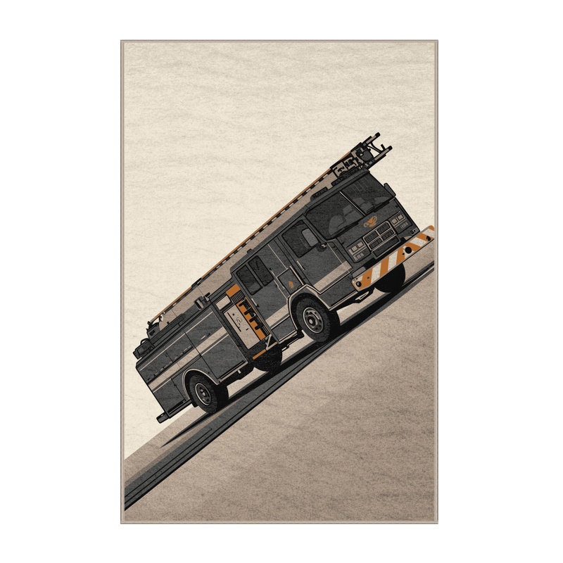 Machine Washable Potts Fire Truck Modern Rug in Beige – Beige Binding, 8x10