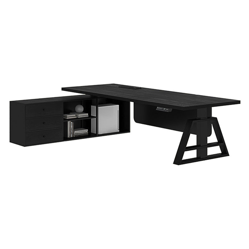 Bureau de direction électrique à hauteur réglable en bois massif noir Modern Luxury | Grande armoire latérale grande capacité | Bureau de designer