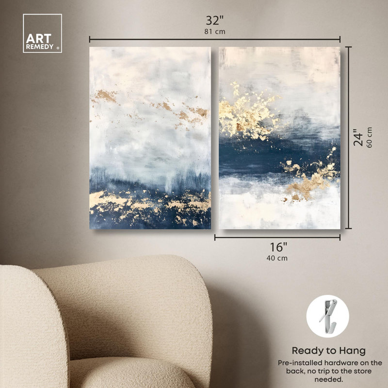 Gilded Coastal Calm Blue Art 2 Panel Set Canvas Print by , 24" H x 16" W, Wrapped Canvas, Does Not Apply