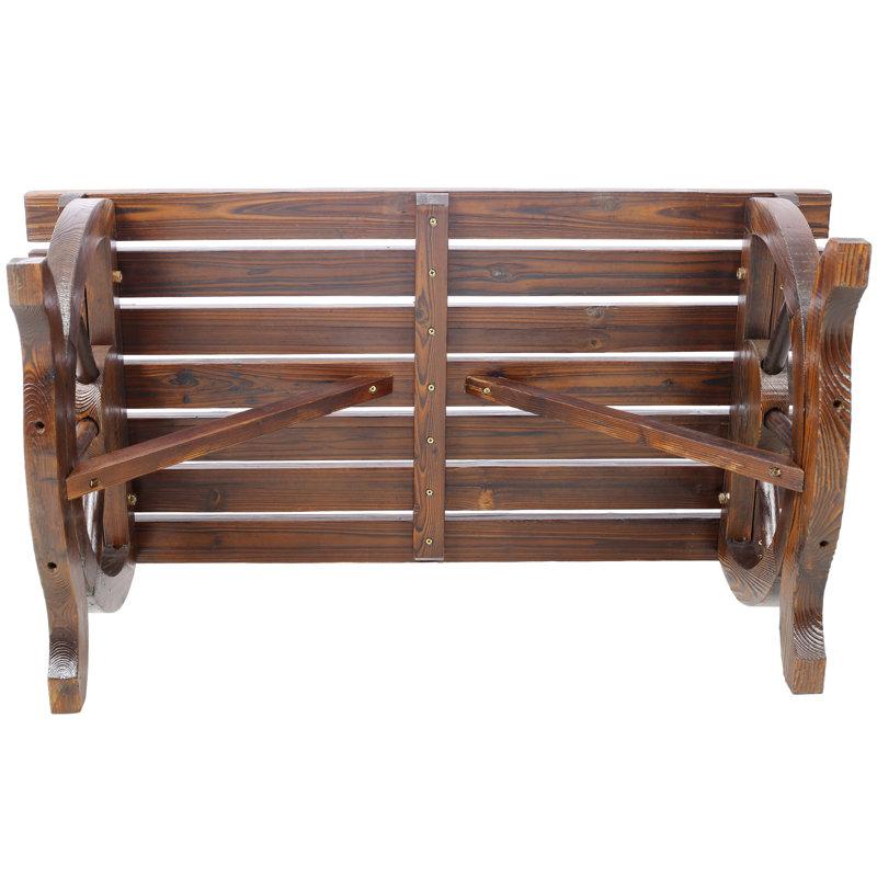 Banc d'extérieur en bois rustique avec pieds de roue de chariot, banc de jardin pour 2 personnes