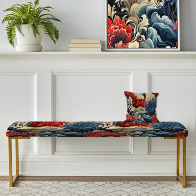 Woodblock Impressions - Oriental Floral Upholstered Gold Bench