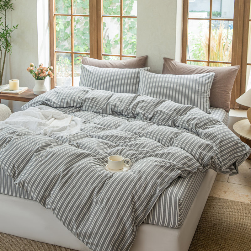 Ensemble de housse de couette rayé 100% coton délavé DONEUS, Housse de couette grand et 2 taies d'oreiller stan, Gris clair