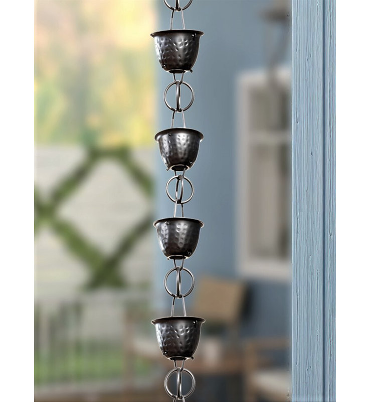 Monarch Aluminum Hammered Cup Rain Chain, 8.5 Ft, Pwt, Water Catcher Downspout Replacement With Splash Extension