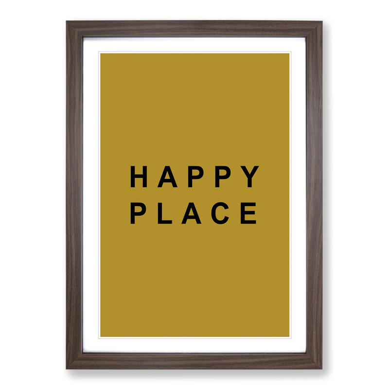 Happy Place Mustard - Picture Frame Typography, Walnut Framed, 36cm H x 27cm W x 2cm D