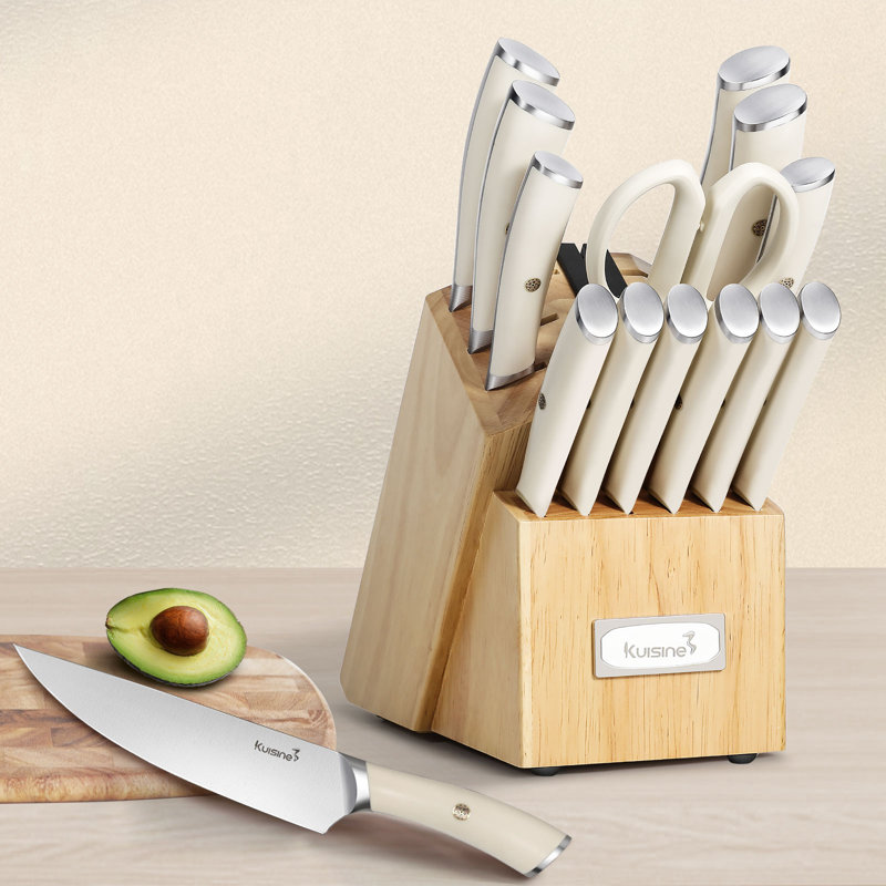 Ensemble de couteaux de cuisine de 15 pièces de qualité supérieure avec bloc, lame en acier inoxydable à haute teneur en carbone, ensemble de couteaux de chef en ABS, couteau à steak, aiguisoir intégré