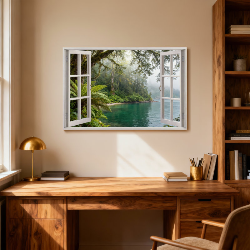 Paysage et nature, forêt, vue sur le lac par une fenêtre ouverte, H 12 po x l 18 po