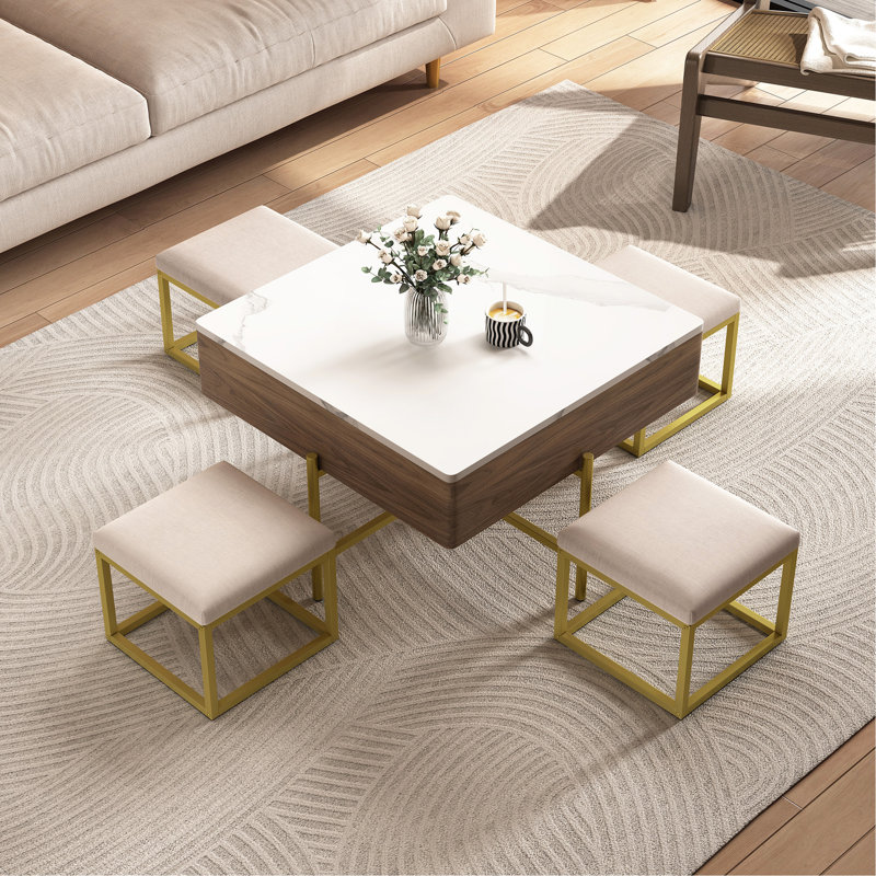 Ensemble de tables basses à plateau relevable moderne avec rangement et 4 repose-pieds blanc et noyer