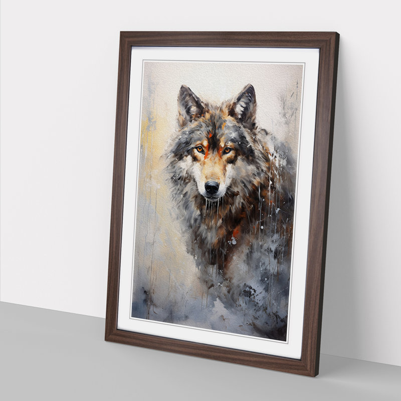 Wolf Gestural - Single Picture Frame Print on Wood, 34cm H x 25cm W x 2cm D, Walnut