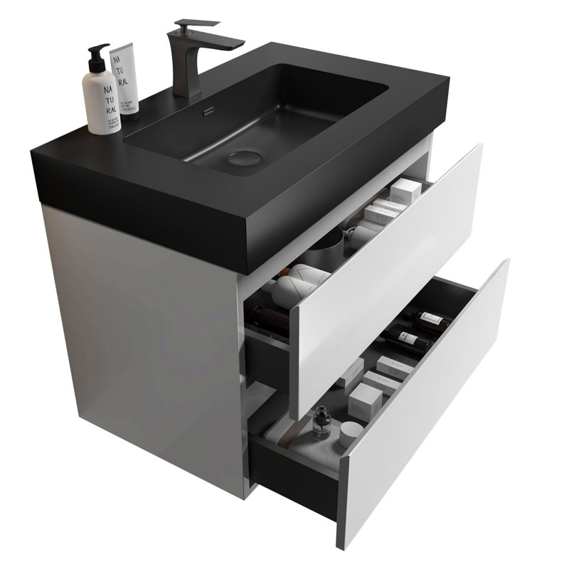 Grand meuble-lavabo mural avec rangement Modern, Blanc, Noir, noir, noir, noir