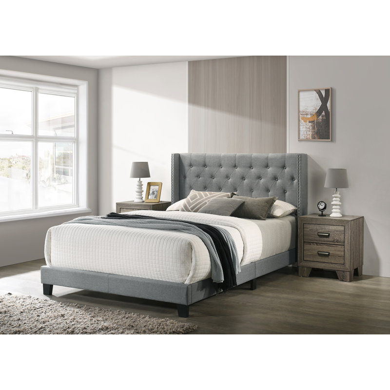 1Pc Size Bed Wingback Finish Polyester Fabric Button-Tufted Details Nailhead Trim Bedroom French Country Style, Full