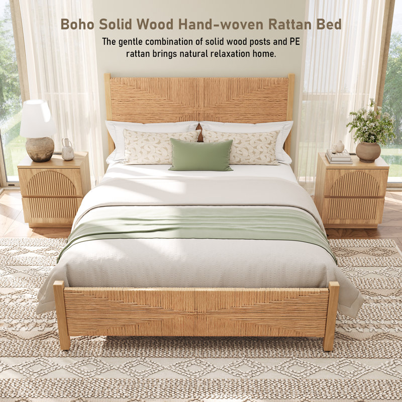 Boho Solid Wood Hand-woven PE Rattan Bed, Queen