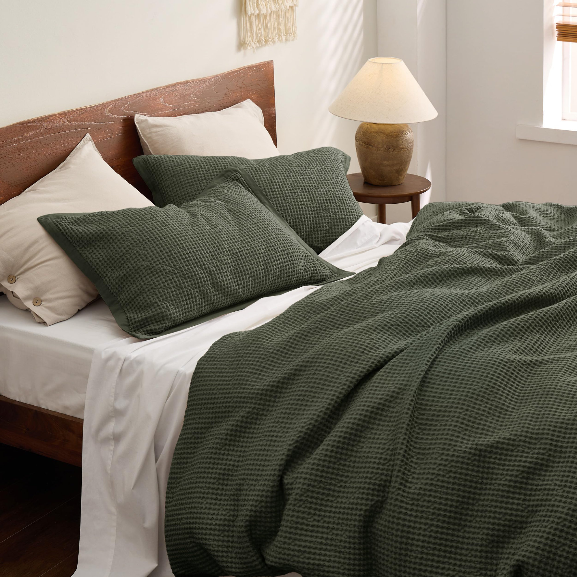 Bedsure Luxury Soft 100% Cotton Waffle Weave Plaid Duvet Cover, Olive Green, King Duvet Cover + 2 King Shams