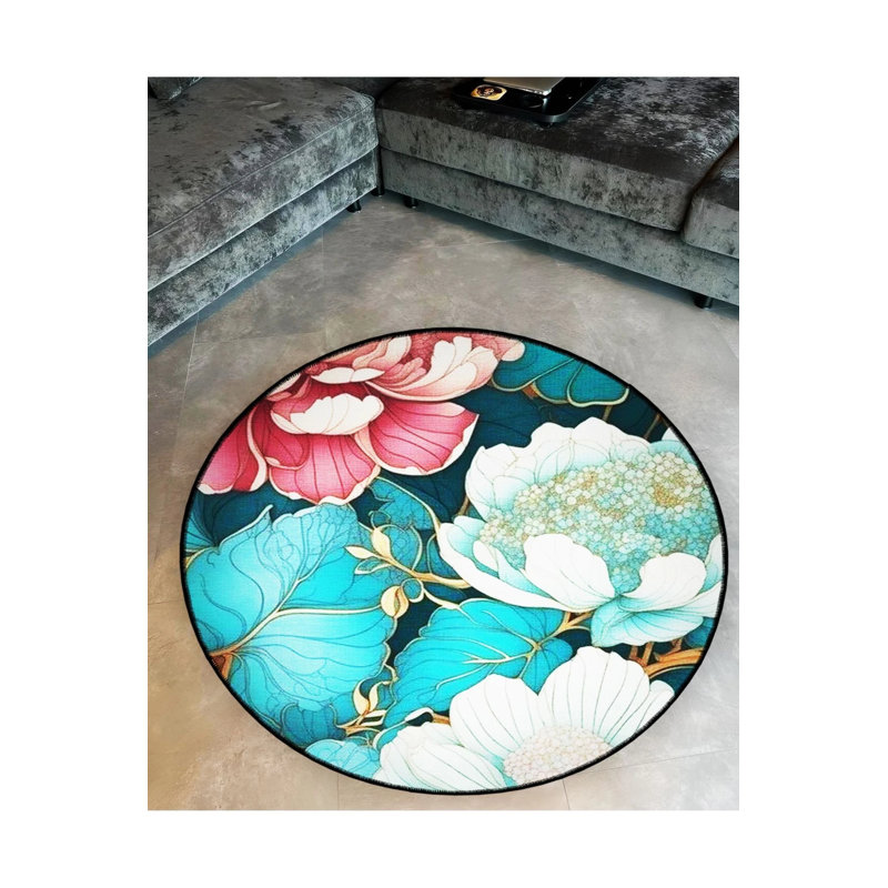Blue Pink Floral Area Rug, Round 2'8"