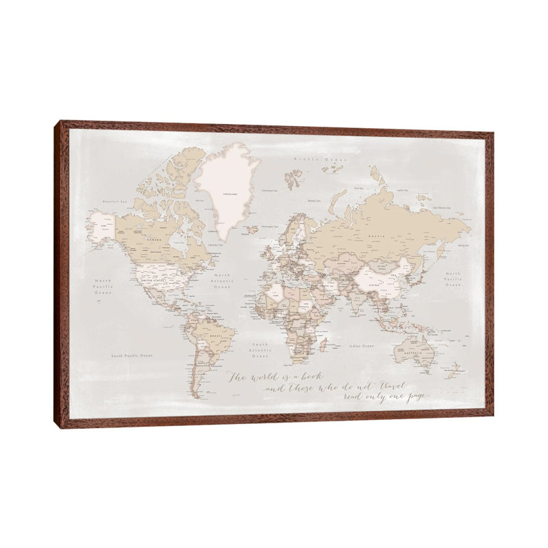 Rustic Detailed World Map The World Is A Book by Blursbyai - Floater Frame Gallery-Wrapped Canvas Giclée on Canvas, Brown