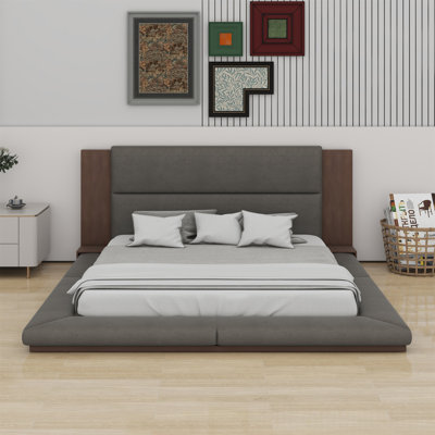 Floor Upholstered Platform Bed With Extended Wood Headboard & Bedside Shelf