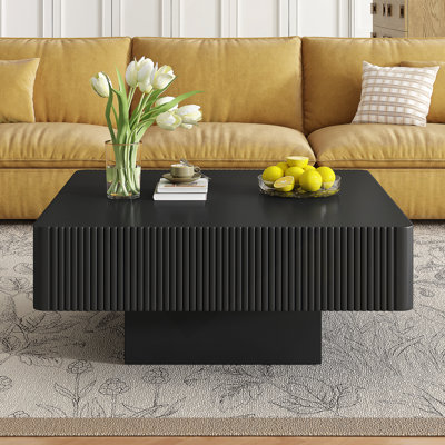 Table basse cannelée élégante 31,6 po avec plateau de table de 7,1 po d'épaisseur, table de bout tambour moderne, table centrale minimaliste avec base robuste pour le salon, assemblage facile, noir