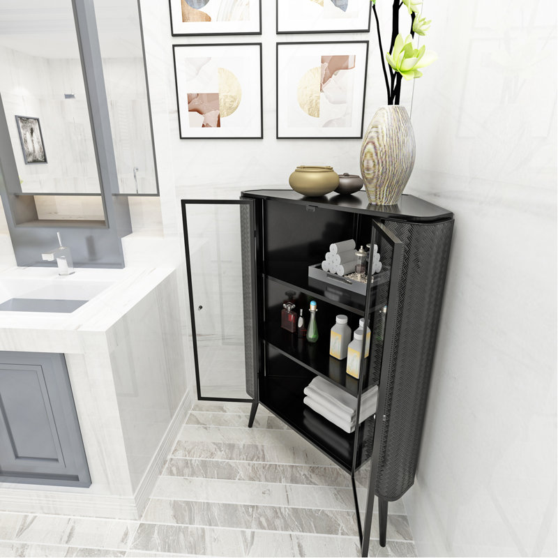 Modern 3-Tier Corner Storage Cabinet With Tempered Glass Doors, Removeable Shelves & Metal Frame - Freestanding Space-Saving Organizer For Bathroom, Kitchen, Bedroom, Living Room, Or Small Spaces