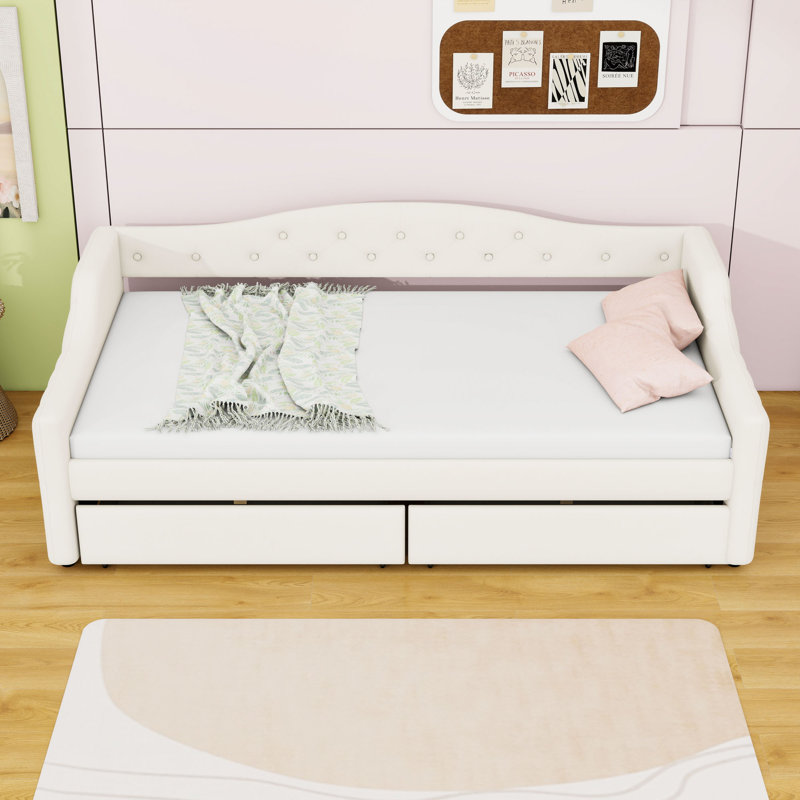 2 Drawers Upholstered Twin XL Daybed with LED Lighting, Beige