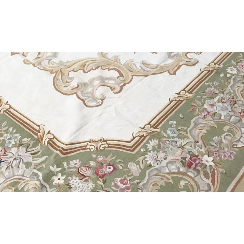 Hand-Knotted High-Quality Ivory and Green Area Rug