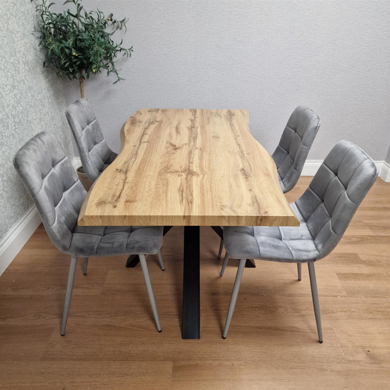 Wooden Brown Dining Table with 4 Grey Velvet Chairs, Stylish Dining Room Furniture, Grey
