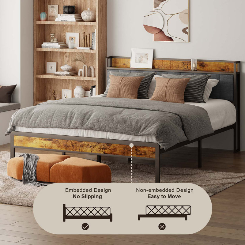 Aiho Queen Dark Gray Metal Bed Frame with Storage Headboard