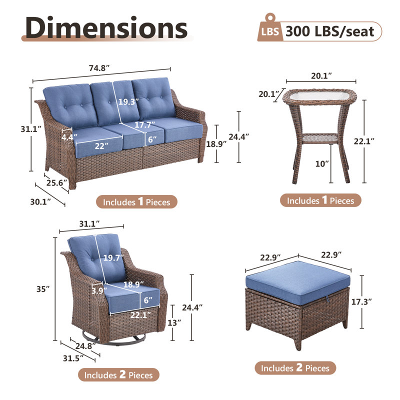 Ensemble de conversation d'extérieur en osier avec coussins de 6 po Acton, Bleu