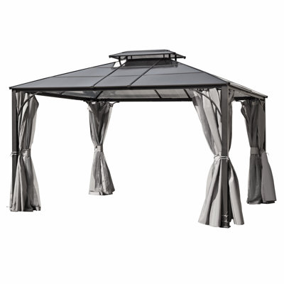 Pavillon de jardin d'extérieur à toit rigide 10 pi x 12 pi avec structure en aluminium, double toit et parois latérales pour patio, jardin, cour arrière