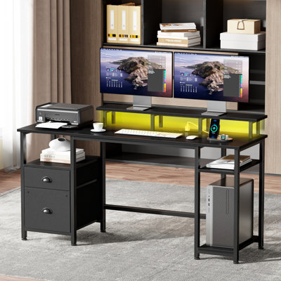 Computer Desk With Led Lights And Power Outlets, Gaming Desk With Monitor Stand,Home Office Writing Desk With Storage by 17 Stories