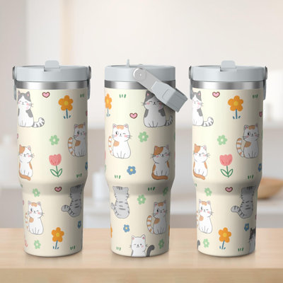 Gobelet 30 oz avec couvercle et poignée Gobelets isothermes en acier inoxydable Bouteille d'eau mignonne avec rabat (chat)