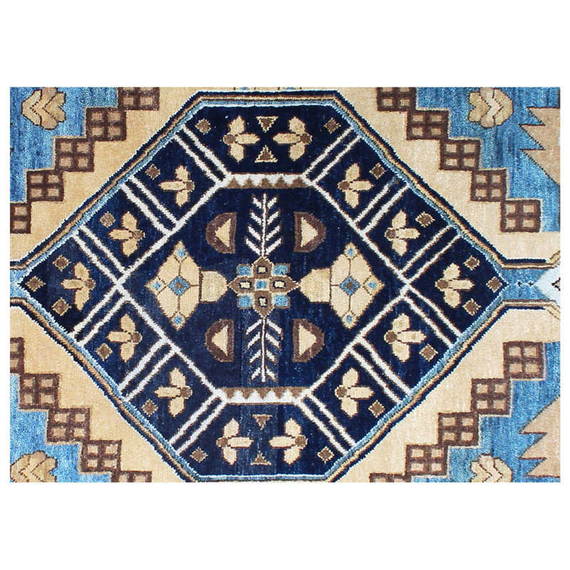 Hand Knotted Navajo Rug- Blue & Gold Southwestern Area Rug 6' x9' ft, Custom Size Wool Rug for Living Room, Scandi Decor, Tribal Kilim, Boho Floor Mat