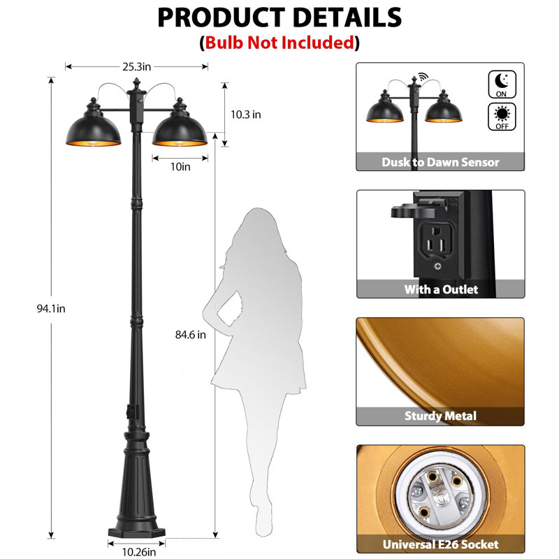 Outdoor Lamp Post Light With Built-In Outlet, Dusk-To-Dawn Sensor, E26 Socket