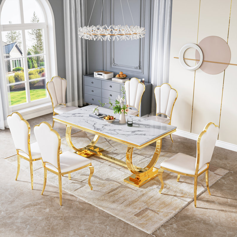  U-Shape Pedestal Dining Set, Faux Marble Tabletop and Petal-Shaped PU Upholstered Chairs, 7 Pieces: Table, 6 Chairs