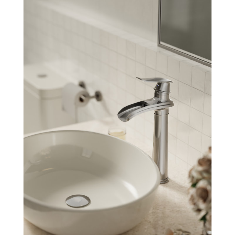 VanoFall Waterfall Vessel Brushed Nickel Single Hole, Single Handle With Drain Assembly, Nickel