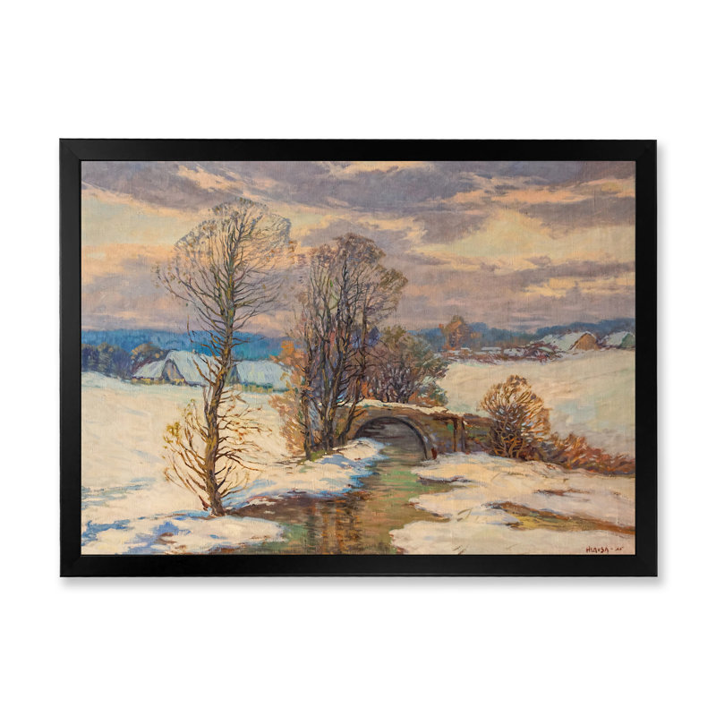 Paysage rétro de rivière d'hiver - peinture sur toile, Cadre d'angle fermé noir, H 8 po x l 12 po x P 1 po