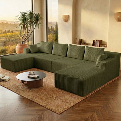 142Inch Modular Sectional Sofa Couch, Oversized Modern Corduroy Cloud Couch with Deep Seat U-Shape Boneless Couches for Living Room, No Assembly Required,green