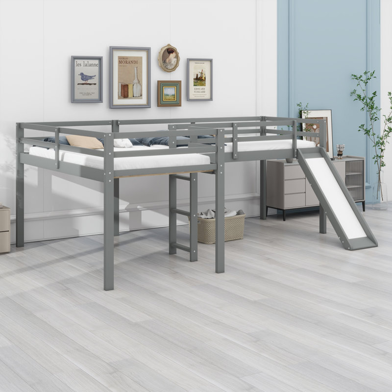 L-Shaped Loft Bed With Ladder And Slide, Gray