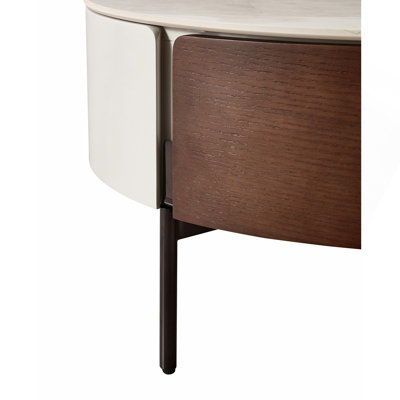Table basse moderne ronde blanche et en bois véritable avec tiroirs et pieds en métal, table basse cylindrique avec pieds dorés et centre circulaire avec plateau en céramique pour salon, bureau, blanc