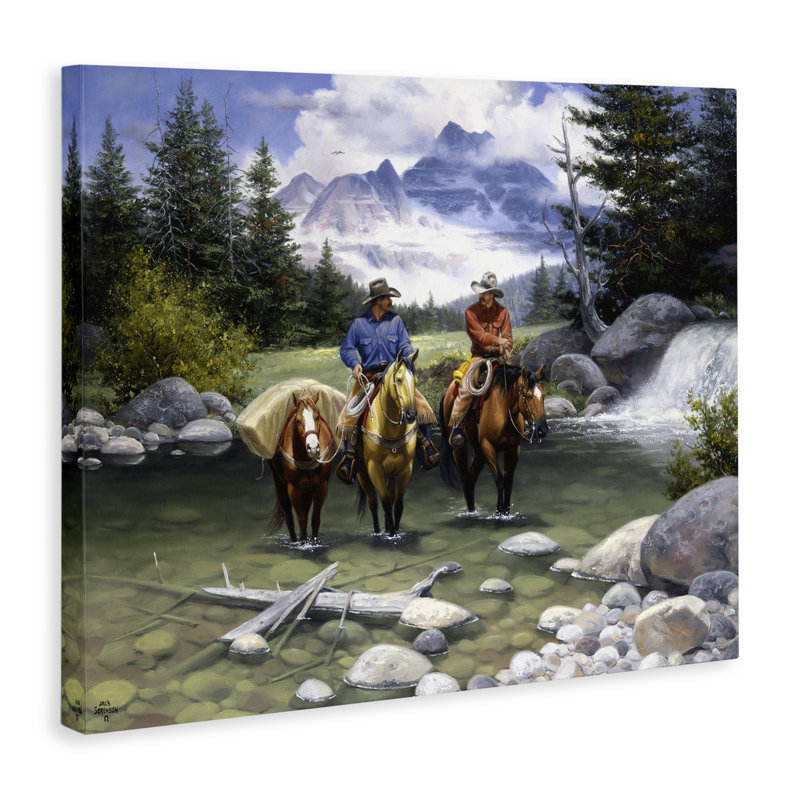 "Travelling Cowboys in Stream", art mural par Jack Sorenson, H 16 po x l 20 po