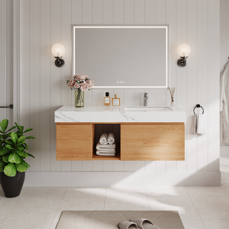 Meuble-lavabo simple 48 po Loubertha, plateau de table en faux marbre brillant, meubles-lavabos flottants modernes, Blanc