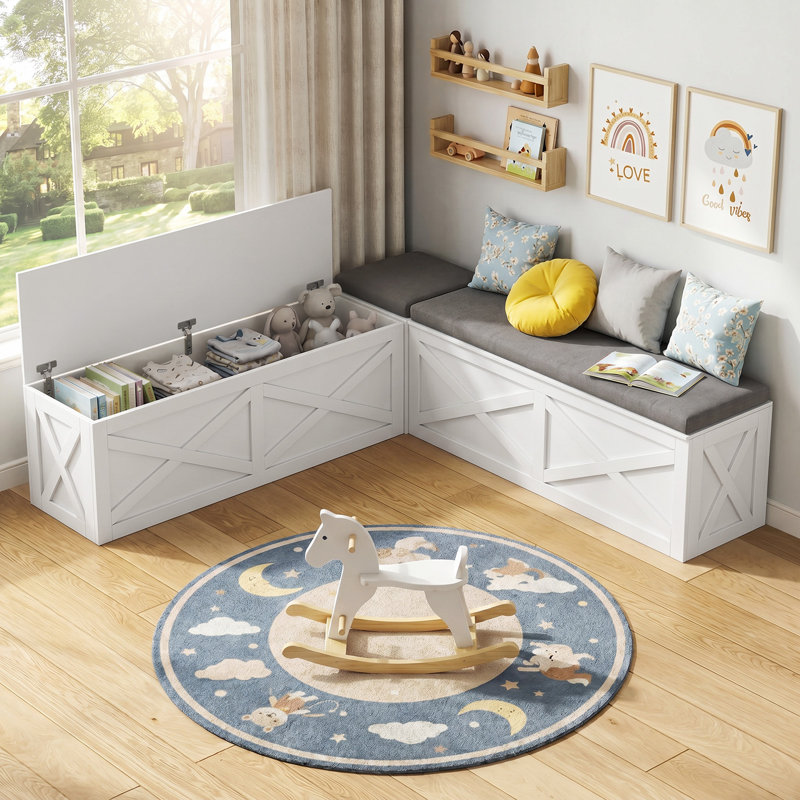 Banc de coin en L avec rangement, banc de coin-repas avec coussins gris, blanc, White